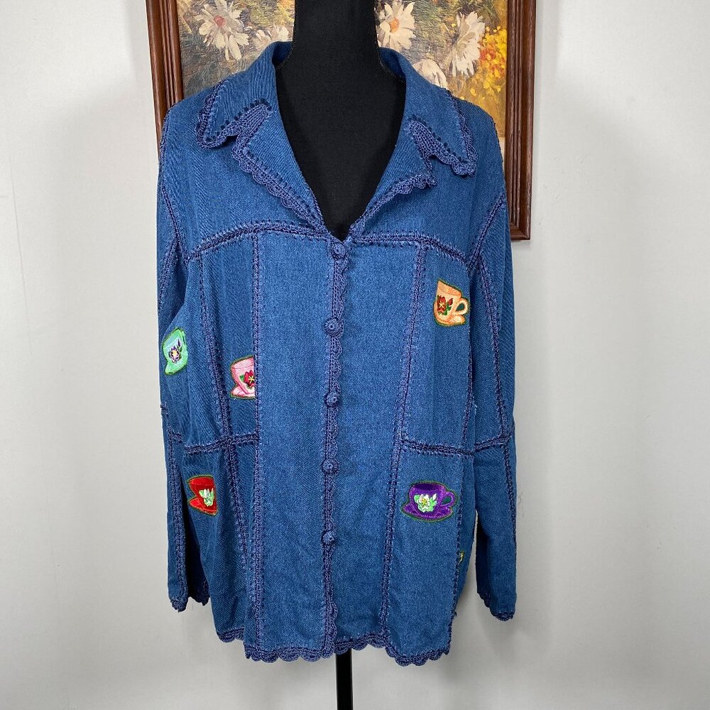 Dress Barn Denim Blouse Top Women's 16W Collared Blue Embroidered Teacups